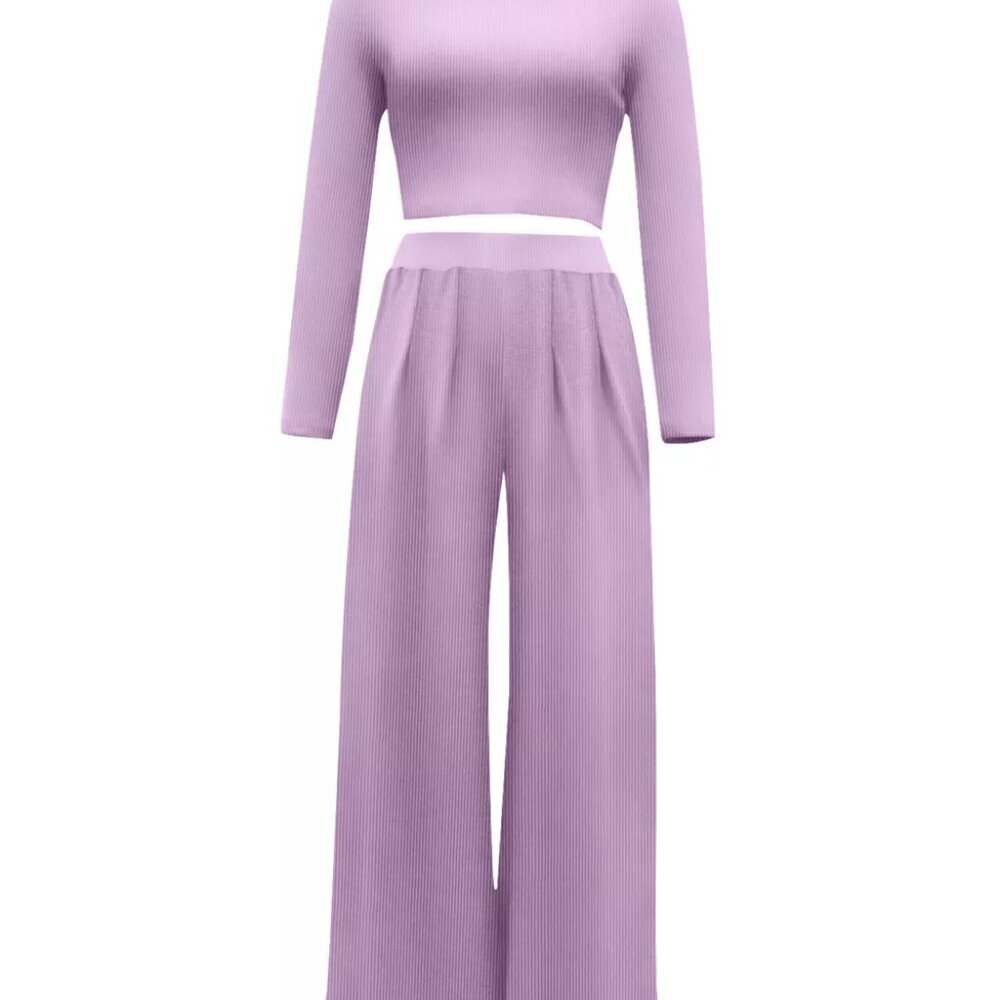 Casual Long Sleeve Crop Top and Wide Leg Pants Set - Picture 3 of 9